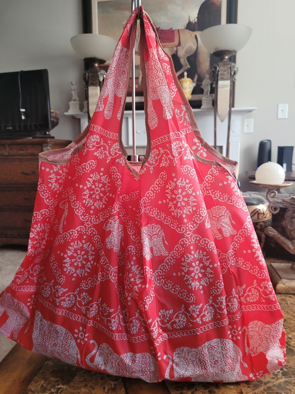 Red Elephant-Print Reusable Tote Bag